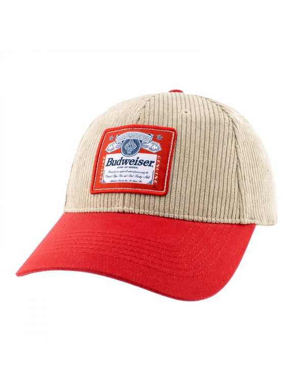 Beer Label Patch on Brown Snapback Hat with Red Bill