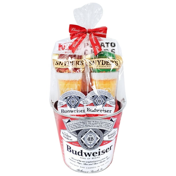Budweiser Bucket Gift Set with Two Pint Glasses, Coasters, and Snacks