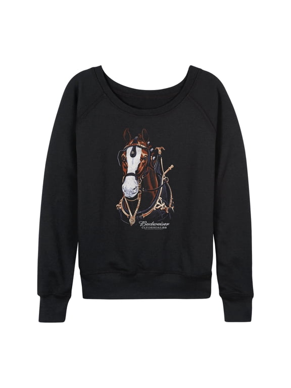 - Bud Clydesdale Portrait Women's Lightweight French Terry Wide Neck Long Sleeve Graphic Shirt