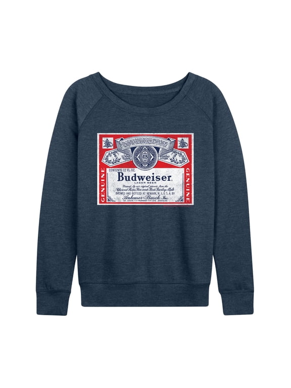 - Budweiser Label Women's Lightweight French Terry Wide Neck Long Sleeve Graphic Shirt