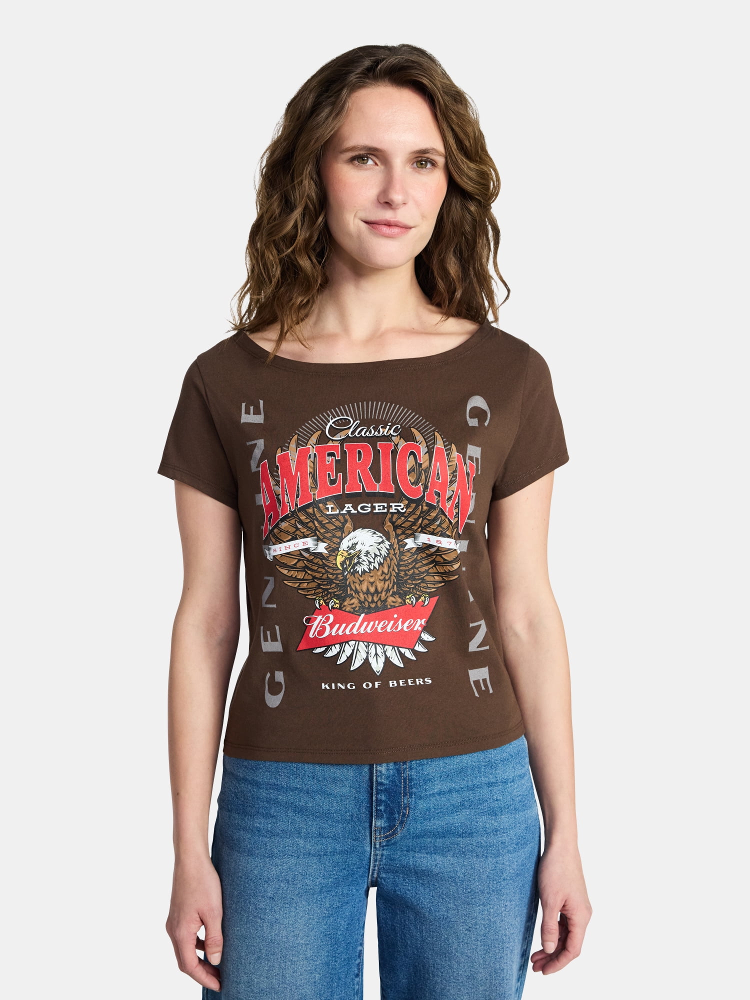 Budweiser Eagle Women's Off the Shoulder Graphic Tee with Short Sleeves, Sizes XXS-XXL