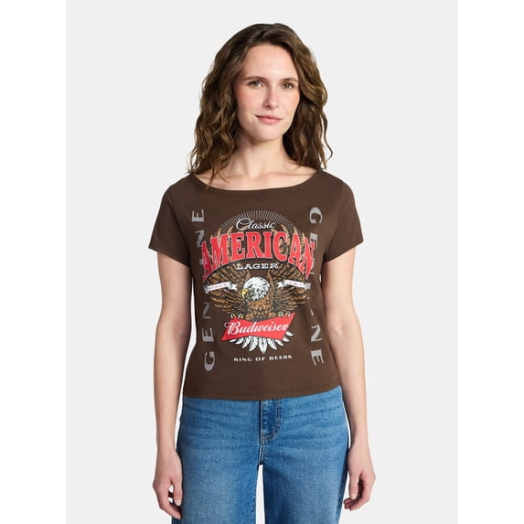 Budweiser Eagle Women's Off the Shoulder Graphic Tee with Short Sleeves, Sizes XXS-XXL