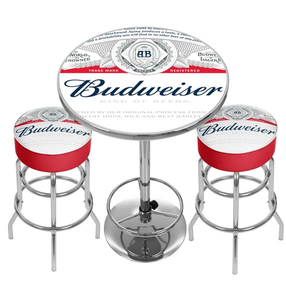 Budweiser Label Gameroom Combo - Table and 2 Bar Stool Set for Entertainment Spaces, Home Bar, or Garage by Trademark Global