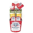 Budweiser bucket gift set with two pint glasses, coasters, and snacks