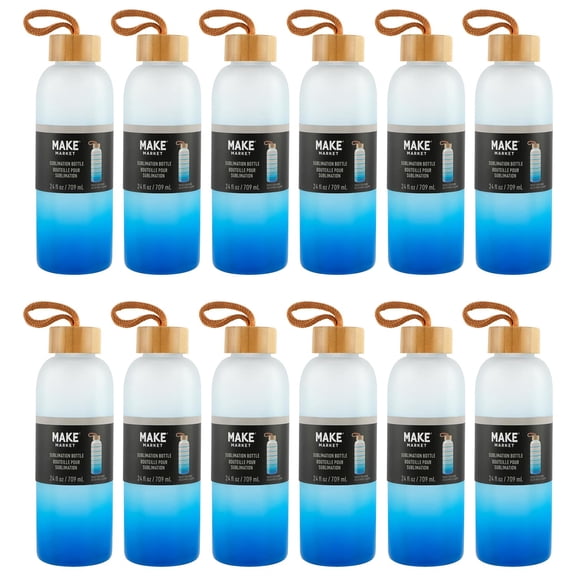 Bue Frosted Glass Sublimation Bottle by Make Market – 24oz Drinkware with Bamboo Lid & Carry Cord - Customizable for Heat Transfer - Hand Wash Only - 12 Pack