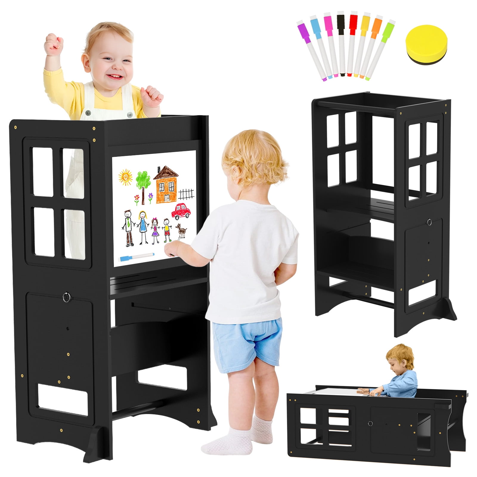 BueDeHai 4-in-1 opstapkruk voor peuters, keuken, inklapbare leertoren voor kinderen, met whiteboard, 2-in-1 cabriotafel en stoel, leertoren voor kinderen vanaf 2 jaar, voor badkamer, wastafel