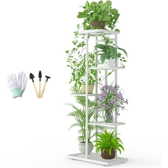 BueDeHai 5 Tier White Plant Stand Indoor for Multiple Plants, with Gardening Tools and Gloves, Metal Tall Flower Pot Holder Display for Outdoor Patio, Balcony
