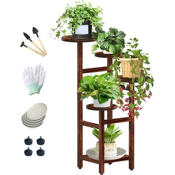 BueDeHai 5 Tiered Round Plant Stand Indoor with 5PCS Saucer and Gardening Tool, Wood Flower Stand Shelf Outdoor for Multiple Plants
