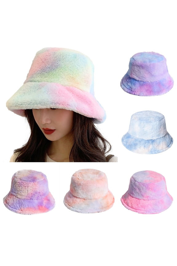 Funky Bucket Hat Rainbow Tie Dye Cap Vintage Outdoor Festival Packable Sun Cap Fashion Women Plush Winter Warm Keeping Rainbow Tie Dye Cap Fisherman Bucket Hat