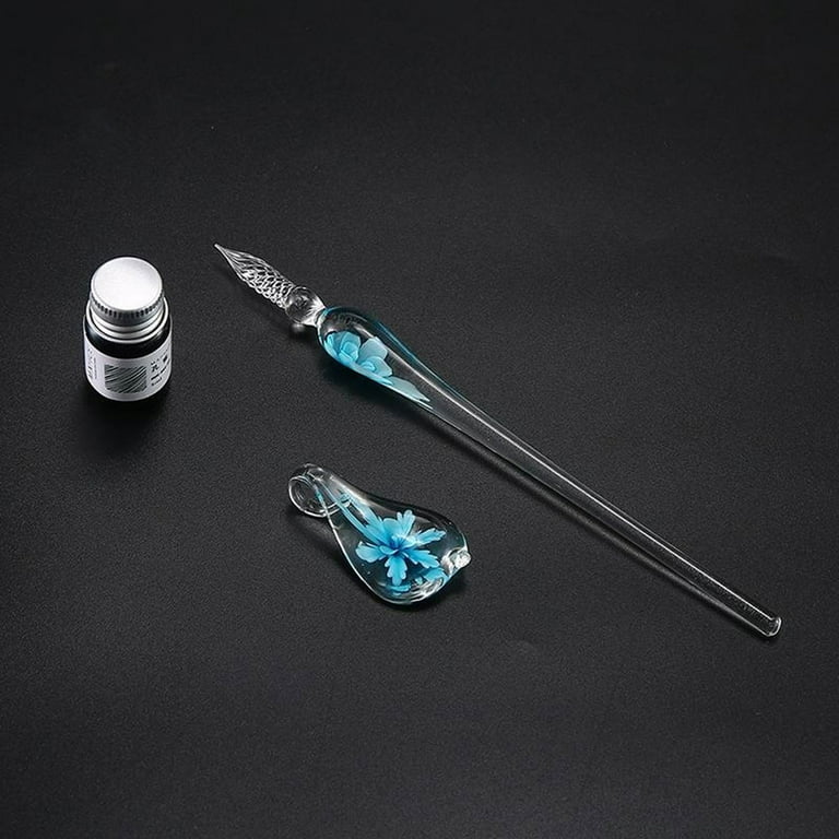 Glass Flower Calligraphy Dip Pen & Ink Set with Pen Rest