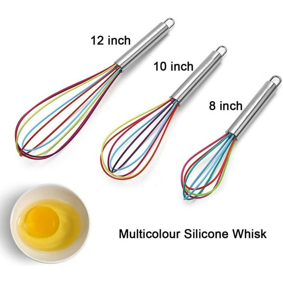 Bueautybox Multicolor Silicone Whisks Set Handle Stainless Steel Silicone Non-Stick Balloon Wire Whisk for Egg Beater Stirring Blending and Whisking