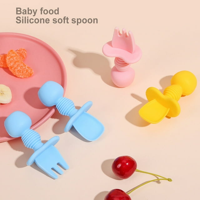 Bueautybox Self Feeding Baby and Infant Utensils | Mini Spoon and Fork Training Utensi Baby Training Fork Spoon Set Infant Food Silicone Tableware Dishware
