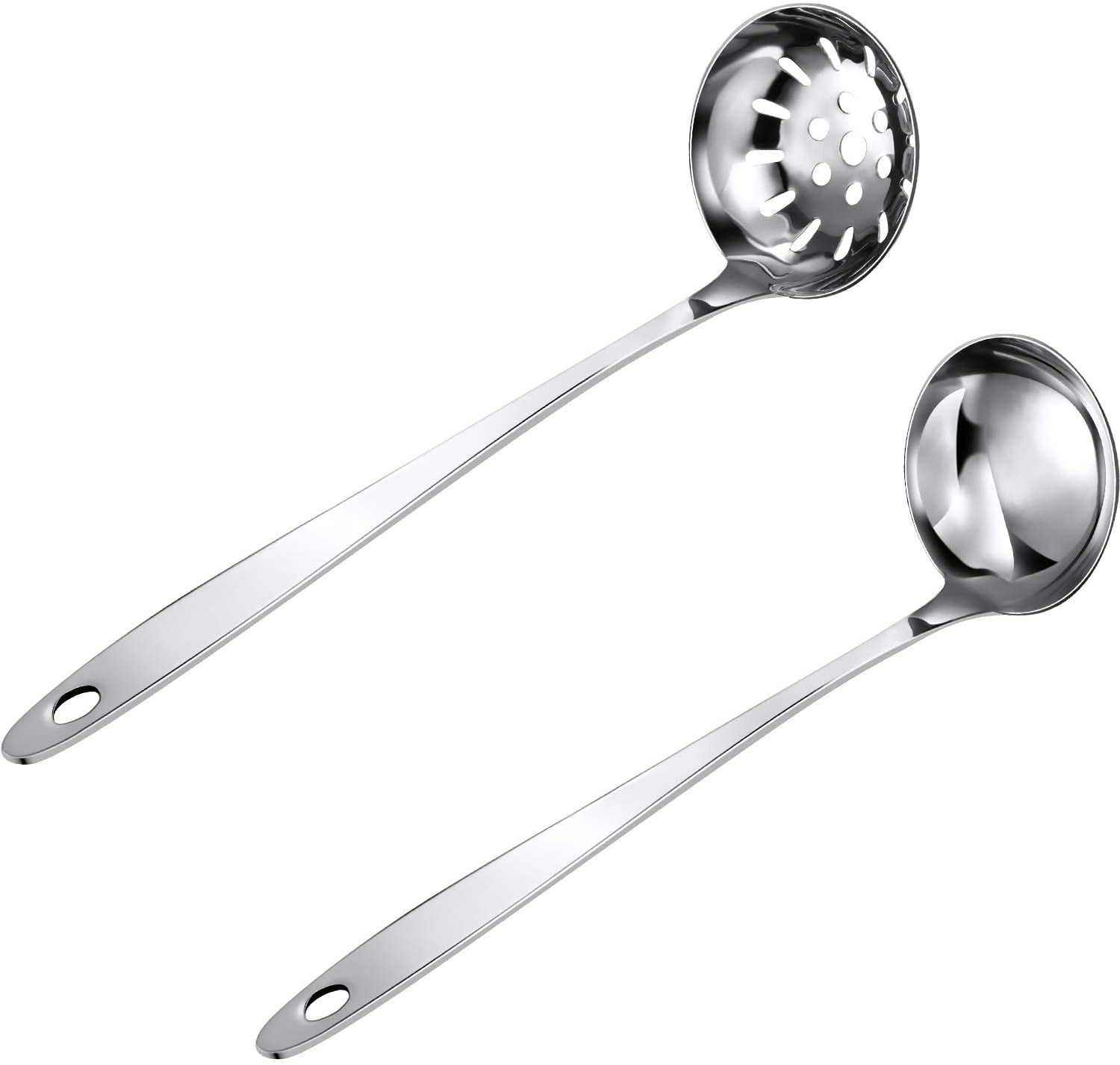Bueautybox Slotted Spoon and Soup Ladle Set Stainless Steel Thickening Long Handle Soup Spoon Cooking Skimmer Kitchen Cooking Utensils for Hotpot Scooping Sauce Serving
