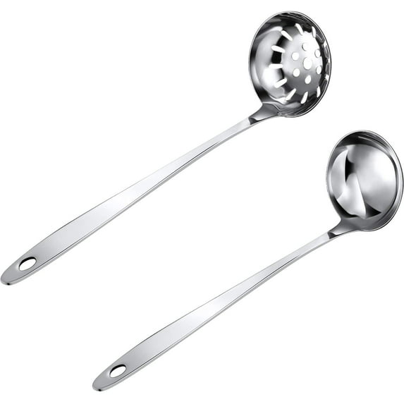 Bueautybox Slotted Spoon and Soup Ladle Set Stainless Steel Thickening Long Handle Soup Spoon Cooking Skimmer Kitchen Cooking Utensils for Hotpot Scooping Sauce Serving