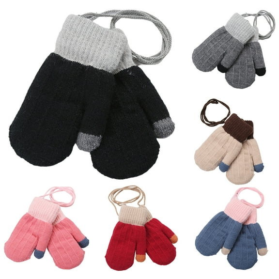 Bueautybox Toddlers Full Finger Gloves Kids Winter Double Layer Thick Warm Full Finger Stitching Knitted Mittens Winter Warm Furry Knitted Mitten with Neck String