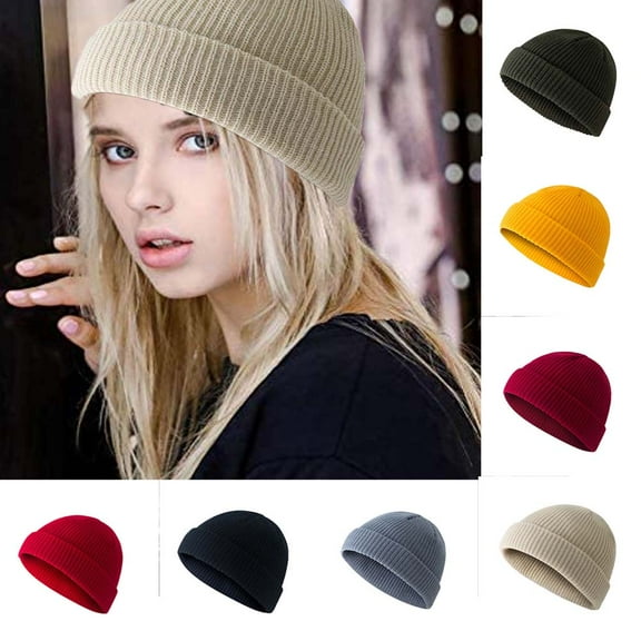 Bueautybox Unisex Women Men Skullcap Sailor Cap Rolled Cuff Retro Brimless Beanie Hat Unisex Solid Color Knitted Beanie Hat Warm Brimless Cuff Skullcap Sailor Cap