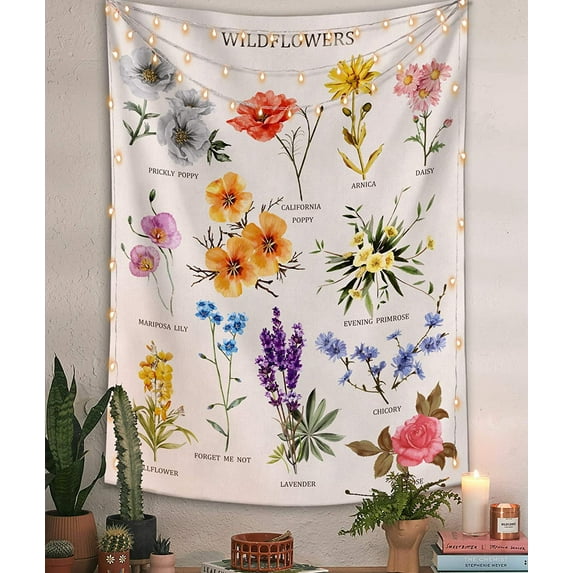 Bueautybox Wildflowers Vertical Tapestry Wall Hanging, Illustrative Reference Chart Tapestry With Word, Beige White Vintage Tarot Flag Straight Tapestry
