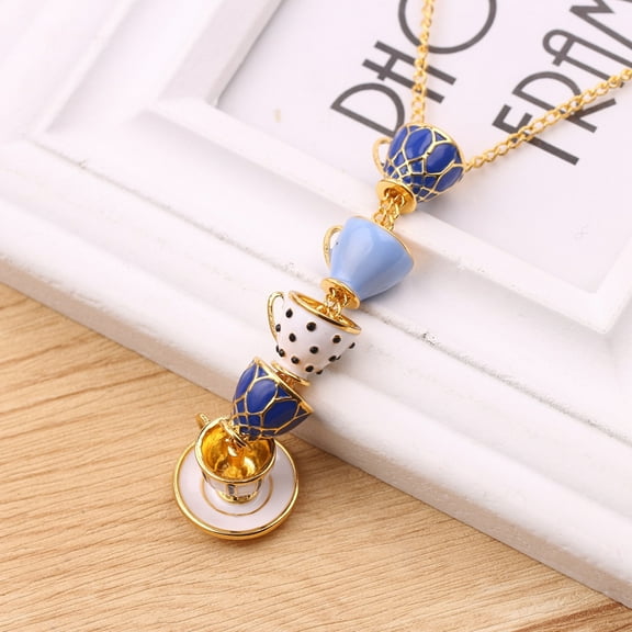 Bueautybox Women Fashion Hand Painted Enamel Teacup Pendant Necklace Long Chain Jewelry