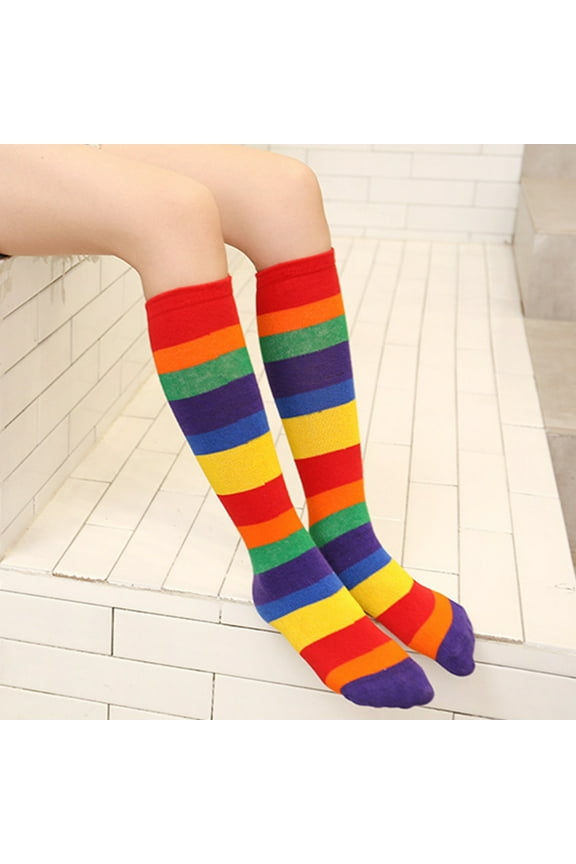 Women Girls Colorful Striped High Knee Socks High Socks Rainbow Color Stripe Kids Girl Boy Autumn Elastic Knee High Socks Stockings