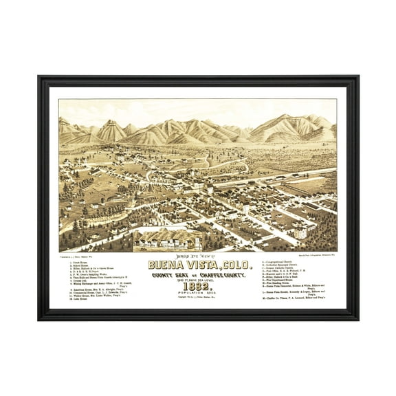 Buena Vista Art, 1882 Vintage Map of Buena Vista Colorado, CO History Wall Decor Gift, Old Buena Vista Map - 24" x 18" Black Framed Print