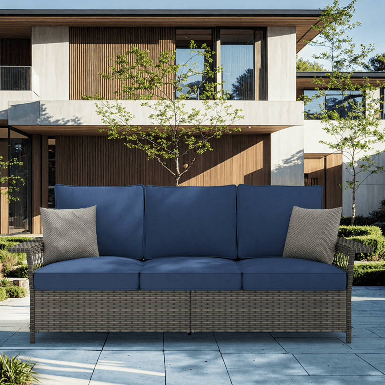 Buenhomino 3 Seat Patio Wicker Couch Outdoor Rattan Sofa Furniture Deep Seat with Non Slip Navy Cushiones