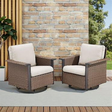 Buenhomino Outdoor Swivel Rocker Patio Wicker Chairs Set of 2 with Beige Cushions for Outside Porch, Backyard, Balcony