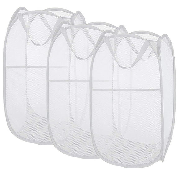 Buenod 3 Pack of Mesh Laundry Hamper Collapsible Popup Clothes Basket, 75L, White
