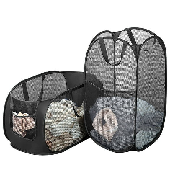 Buenod Set of 2pcs(Horizontal Vertical) Foldable Laundry Basket Mesh Clothes Hamper,75L,Black