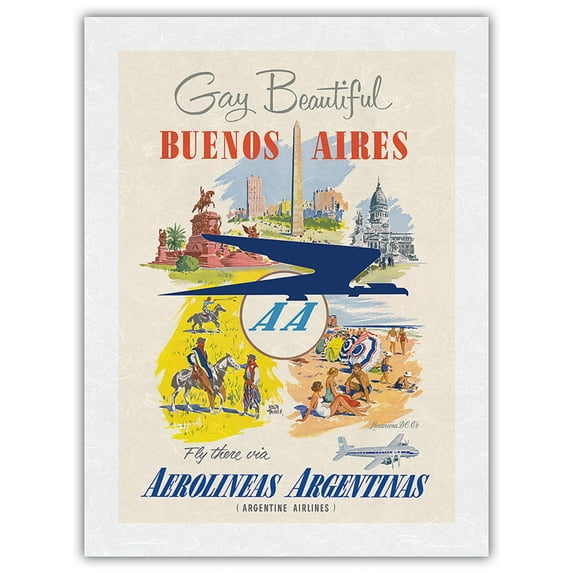 Buenos Aires - Fly there via Aerolineas Argentinas - Argentine Airlines - Vintage Travel Poster by Adolph Treidler c.1950s - Japanese Unryu Rice Paper Art Print (Unframed) 18 x 24 in