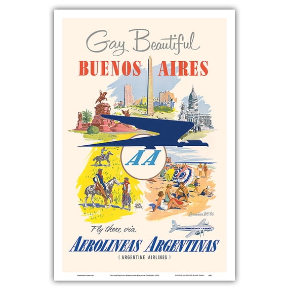 Buenos Aires - Fly there via Aerolineas Argentinas - Argentine Airlines - Vintage Travel Poster by Adolph Treidler c.1950s - Master Art Print (Unframed) 12in x 18in