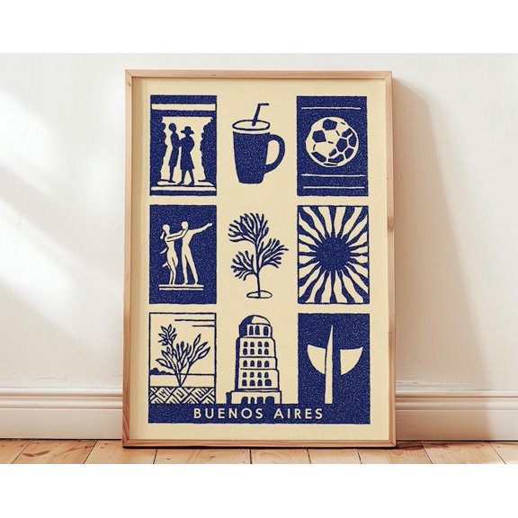 Buenos Aires Linocut Modern Argentina Minimalist Travel Blue Beige City Boho Wall Art Print, Unframed Paper Poster 11x14in