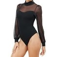 thumbnail image 1 of Buenos Ninos Womens Bodysuit Mock Neck Sheer Mesh Long Sleeve Tops Leisure Ribbed Sexy Bodysuits, 1 of 6