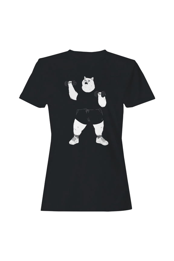 Buff Cat with Dumbbells Illustration Women's T-shirt Black