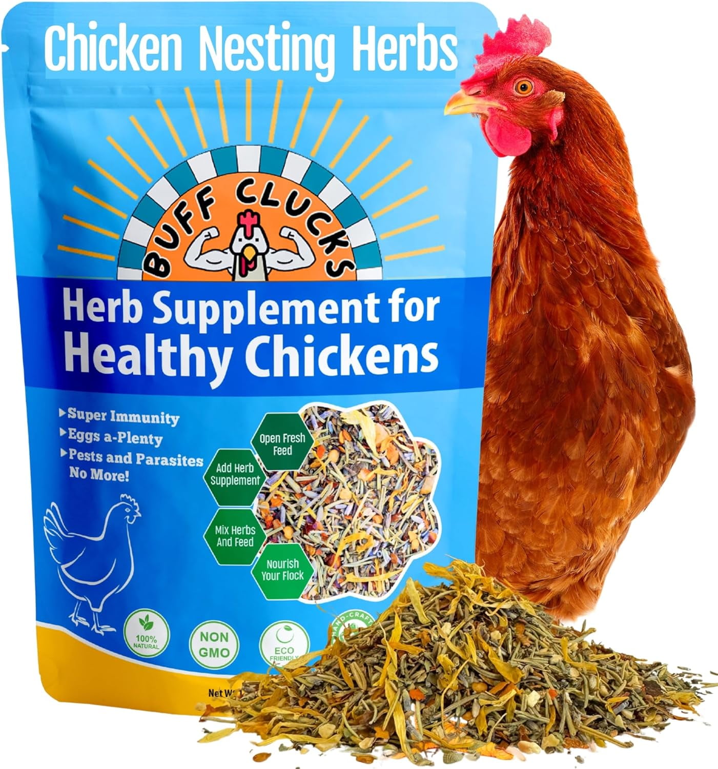 Buff Clucks Chicken Nesting Herbs for Backyard Chickens - All-Natural Aromatic Blend for Nesting Boxes & Chicken Coop - Plant-Based Herb Treat for Refreshing The Coop, Egg Production, USA (12 oz)