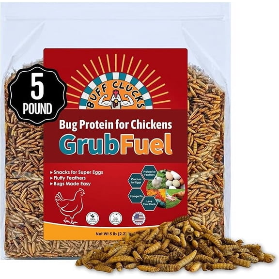 Buff Clucks Grub Fuel Black Soldier Fly Larvae for Chickens - Nutrient Packed BSFL, Sustainably Sourced Snack for Poultry, Rich in Protein, Calcium, Fiber, Essential Fatty Acids, USA Grown (5LB)