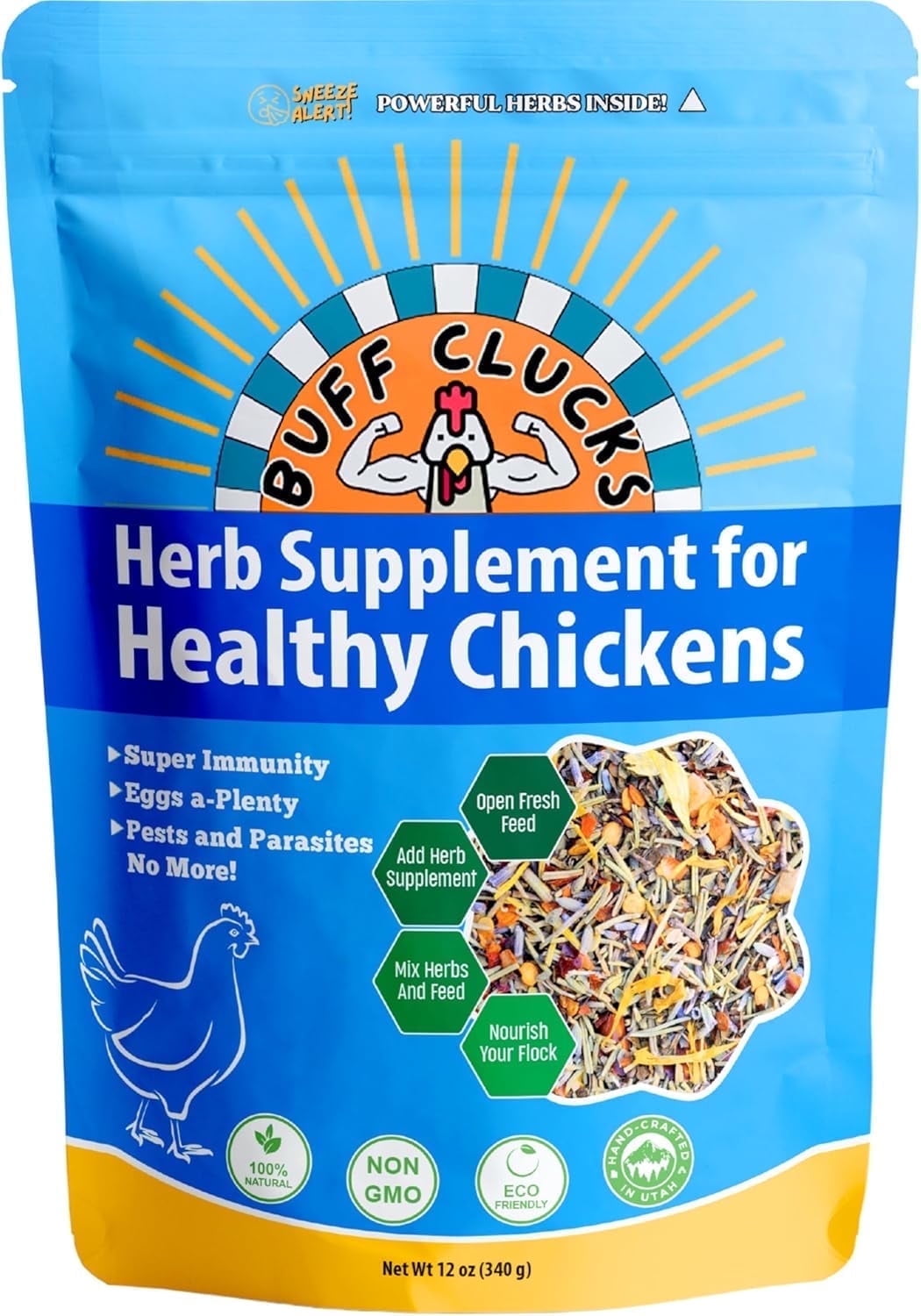 Buff Clucks Herb Supplement for Backyard Chickens - Natural Chicken Treats, Poultry Feed Botanical Mix, Plant-Based Coop Snacks for Daily Wellness, Feather Quality, Egg Production Crafted in USA 12oz