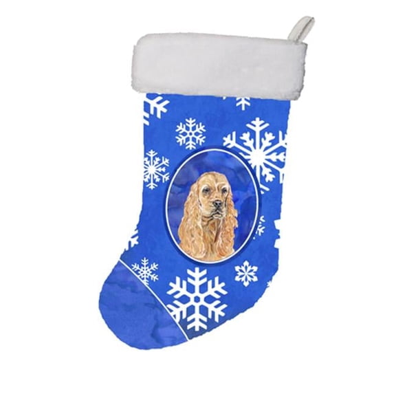Buff Cocker Spaniel Winter Snowflakes Christmas Stocking- - 11 x 8 In.