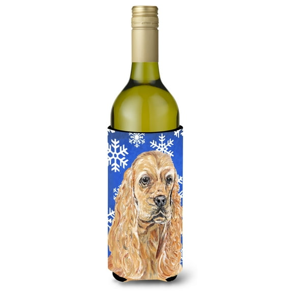 Buff Cocker Spaniel Winter Snowflakes Wine Bottle Hugger