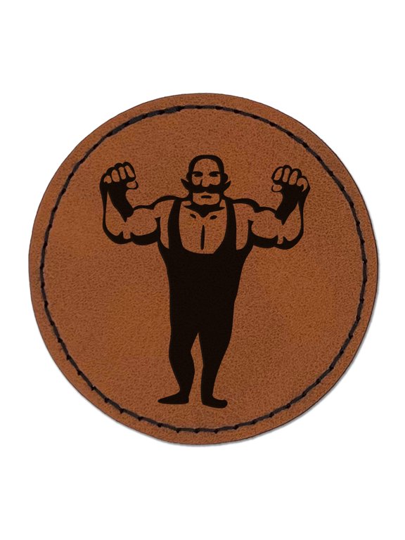 Buff Strong Bald Circus Man with Mustache 2.5" Faux Leather Round Engraved Iron-On Patch - Brown