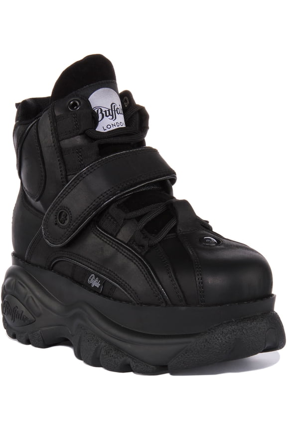 1348-14 2.0 Women's Lace Up Hook And Loop Leather Platform Trainers In Black Size 8.5