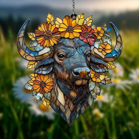 Buffalo Acrylic Suncatcher fullxfull Floral Horned Wild Bull Faux Glass Panel for Western Rustic Decor and Farmhouse Window Accents