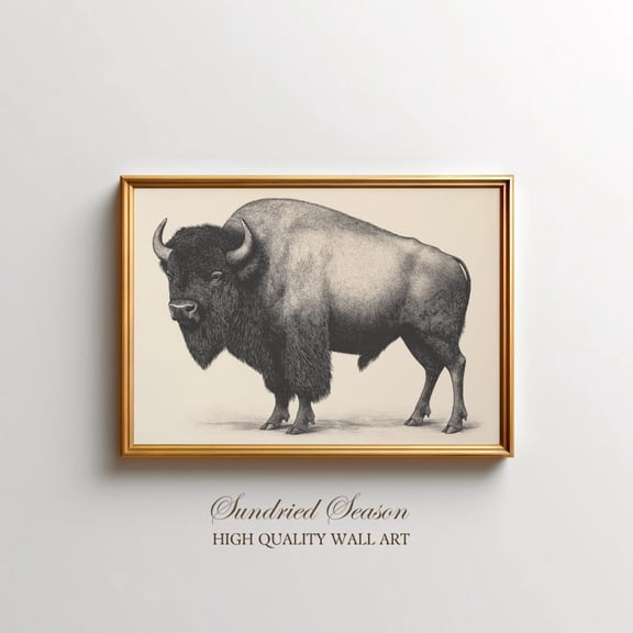Buffalo Artwork Print Detailed American Bison Drawing Vintage Wildlife Illustration, Stretched Canvas 8x10in