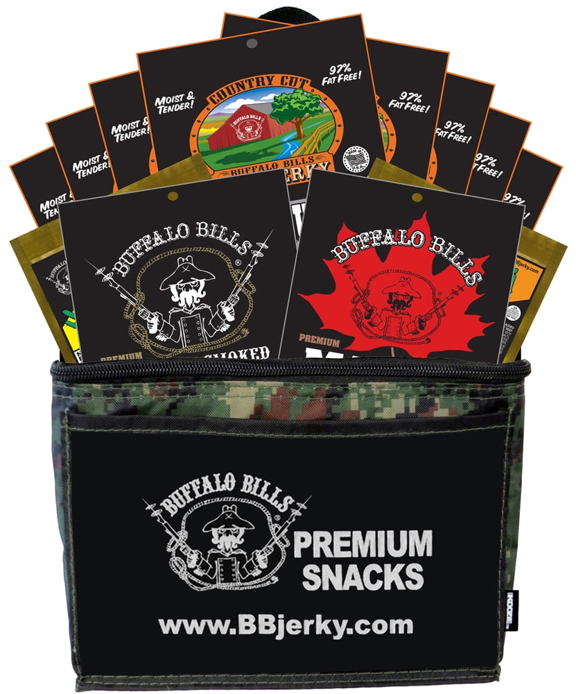 Buffalo Bills 12-pc Beef Jerky Sampler Camo 6-Pack Gift Cooler (12 Assorted 1.5oz Jerky Packs)