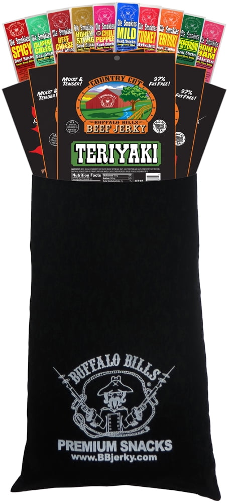Buffalo Bills 15-Piece Beef Jerky & Beef Stick Sampler Black Velour Wine Gift Bag (15 Mixed Packs)
