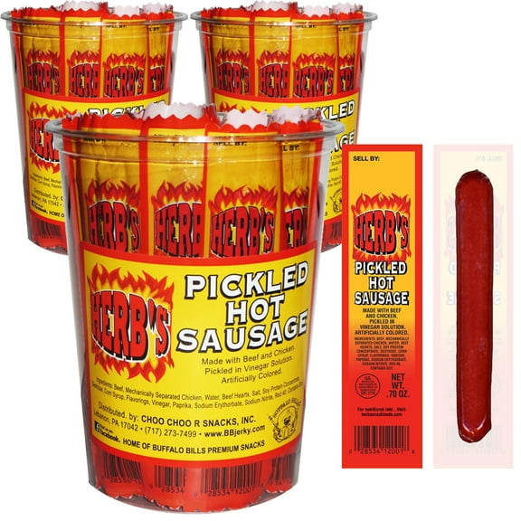 Buffalo Bills 24-ct Herb's Pickled Hot Sausages (no pork) - Three 24-ct Tubs