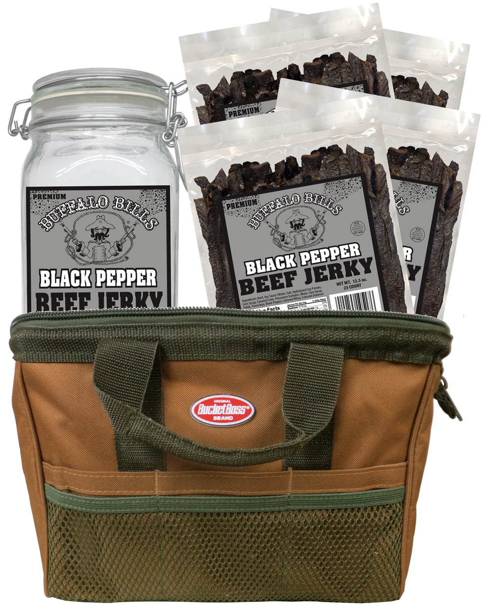 Buffalo Bills 5-Piece Black Pepper Beef Jerky & Glass Jar Gift Tool Bags (4 bags and 1 jar)