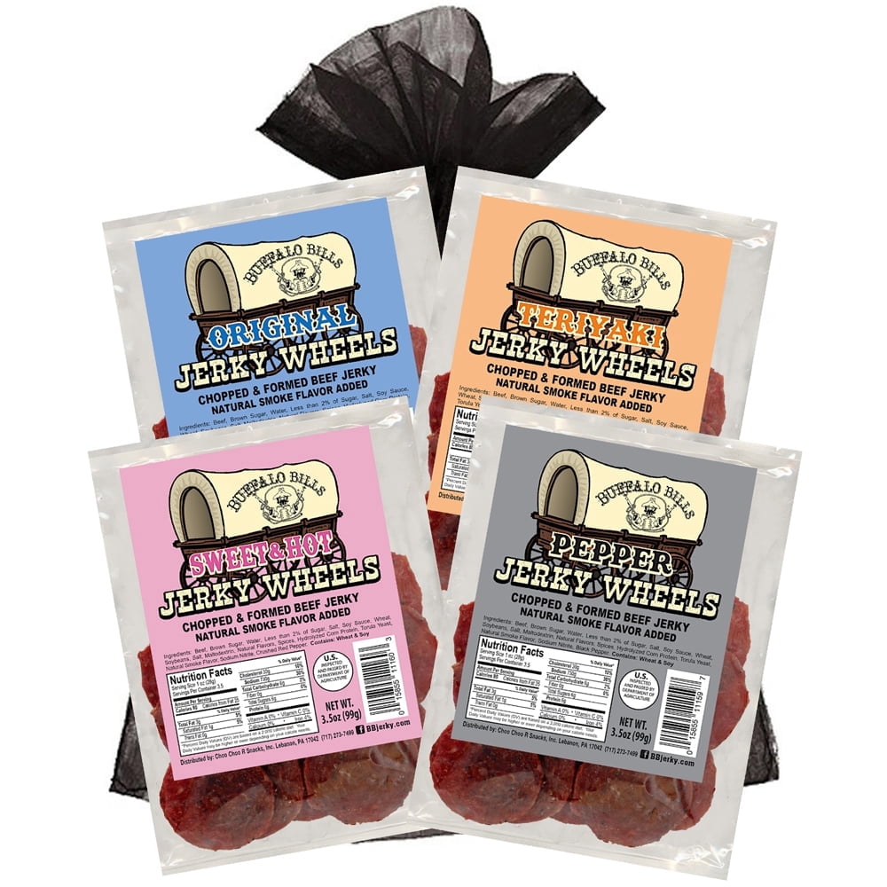 Buffalo Bills Beef Jerky Wheels Sampler (Four 3.5oz Assorted Packs Jerky Circles)