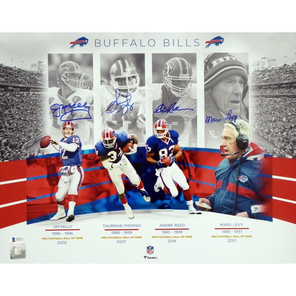Buffalo Bills Team Greats Autographed 16x20 Photo With 4 Signatures Including Jim Kelly, Thurman Thomas, Andre Reed & Marv Levy Beckett BAS 191970