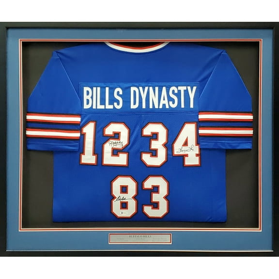 Buffalo Bills Team Greats Autographed Framed Blue Jersey With 3 Signatures Including Jim Kelly, Thurman Thomas & Andre Reed Beckett BAS 195234