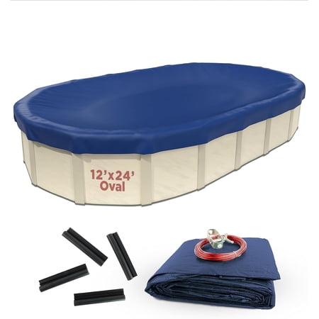 Buffalo Blizzard Deluxe Plus Blue/Black Oval Winter Cover with Wind Guard Clips, 12' x 24'